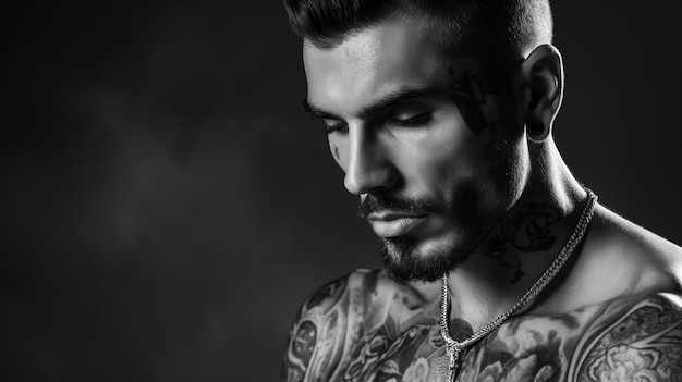 Photo a man with tattoos on his chest is looking at the camera