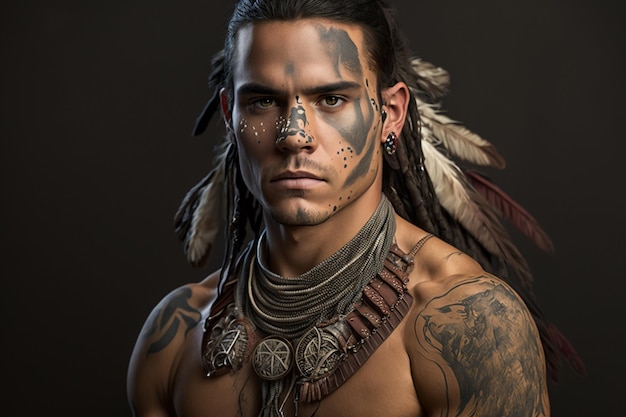 A man with tattoos on his face and a face with a native american tattoo on his forehead.