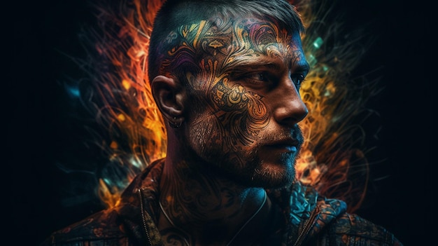 A man with tattoos on his face is shown in front of a colorful background.