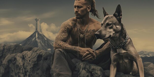 Foto un uomo con tatuaggi è seduto sopra un lupo in cima a una montagna nello stile dell'estetica vintage