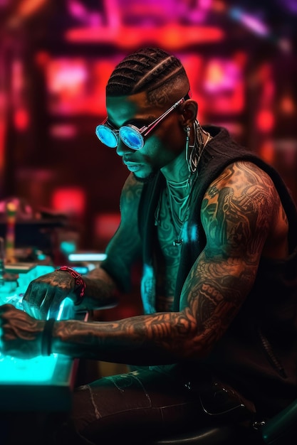 A man with tattoos and a neon light behind him