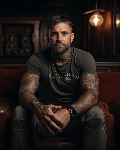 a man with tattoos sitting on a couch in a dark room