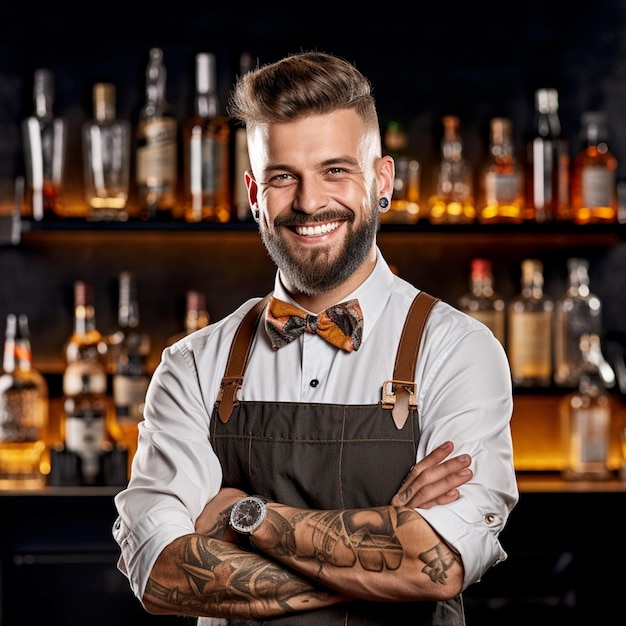 Photo a man with tattoos stands in front of a bar with a bar behind him.