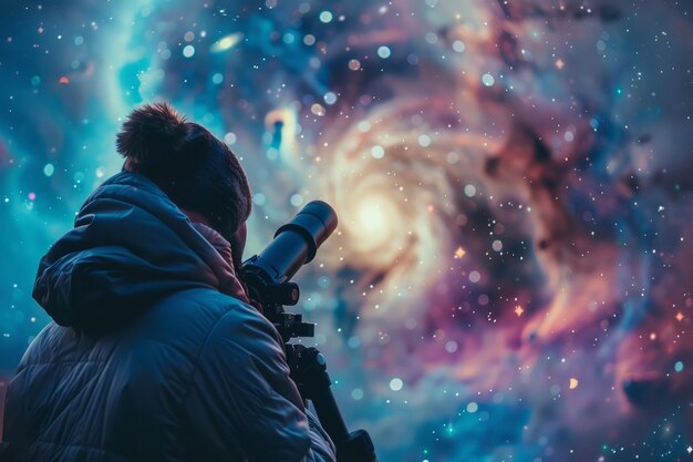 Photo a man with a telescope gazing at a colorful galaxy