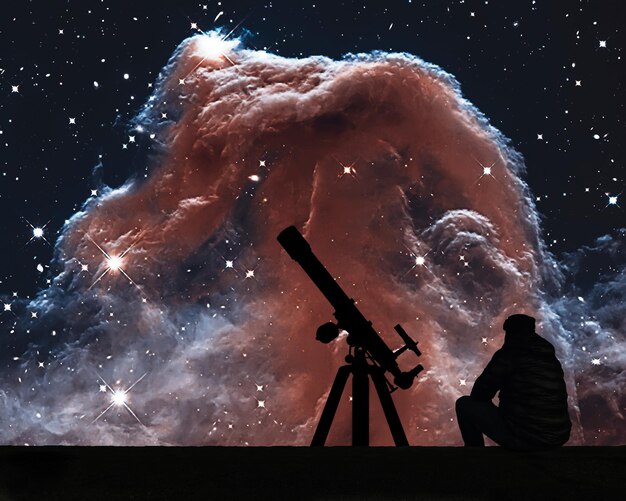 Foto uomo con telescopio guardando le stelle la nebulosa testa di cavallo