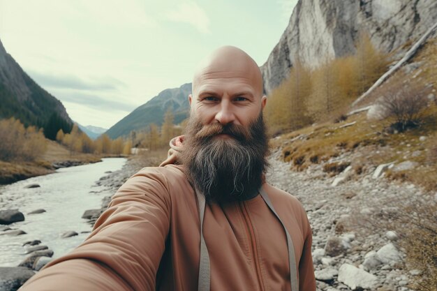 Photo man with a thick long beard taking a selfie