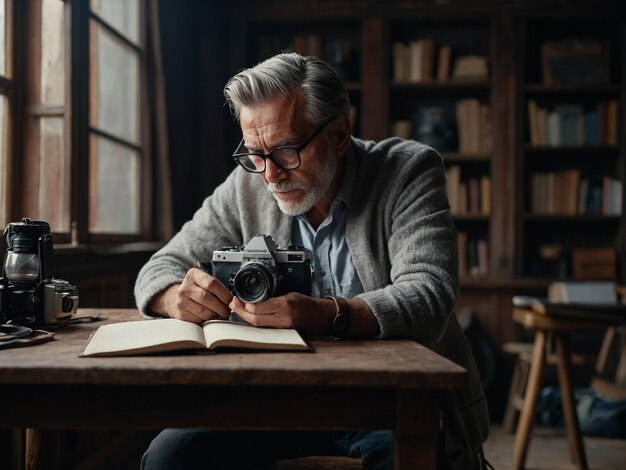 a man with a thread sitting with a camera and a notebo_1