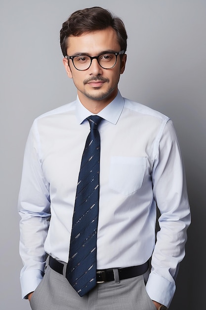 Man with Tie and Glasses Standing with Hands on Hips