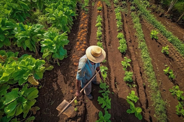 A man with a tool in a field of crops Generative Ai