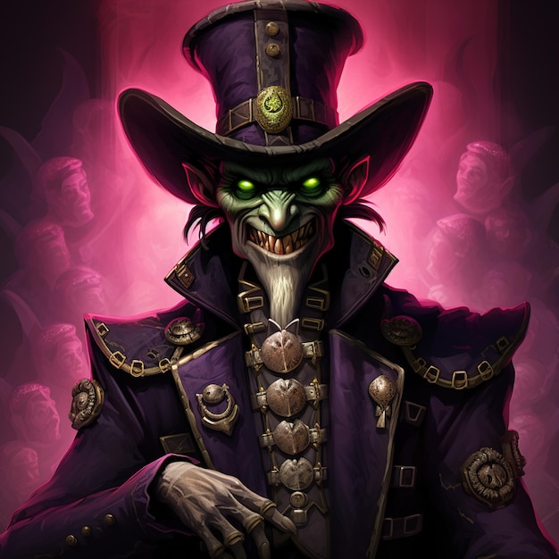 A man with a top hat and a black top hat with a green eyes and a black top hat.