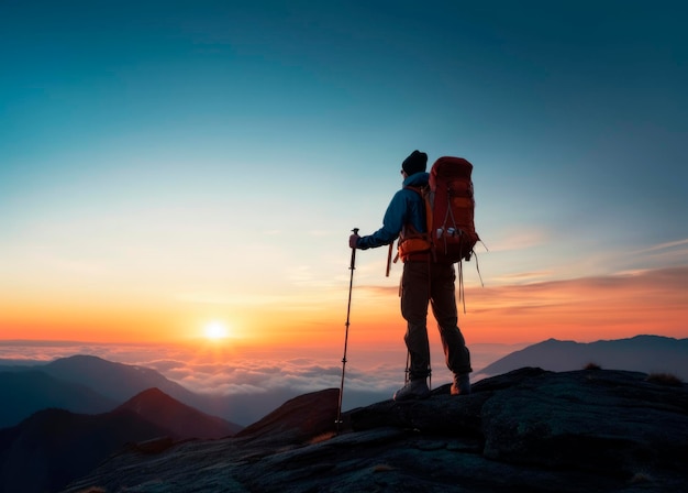 Photo a man with trekking poles standing on top of a mountain enjoying the sunsire nature serenity