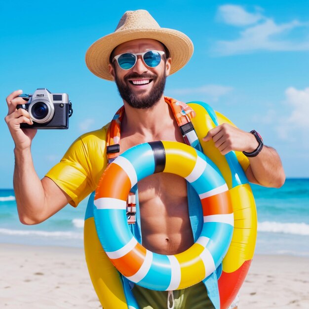 Photo a man with tropical shirt on summer vacation with juice glass