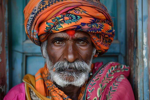 A man with a turban and a beard wearing a colorful headdress and a red scarf a portrait