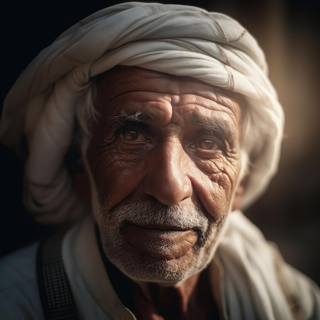 A man with a turban on his head looks into the camera.