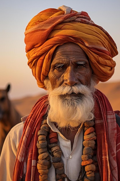 a man with a turban and a horse in the background