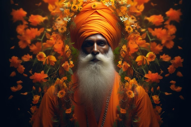 A man with a turban and orange flowers