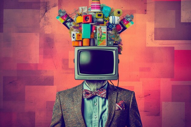 Photo a man with a tv head with a bunch of items on it