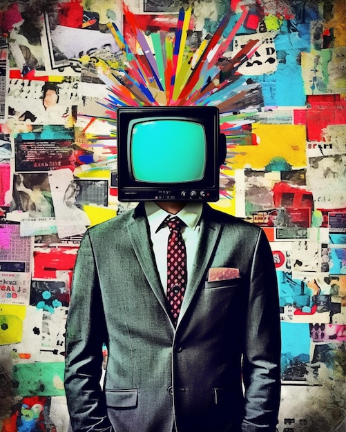 A man with a tv on his head in front of a wall with many posters and pictures