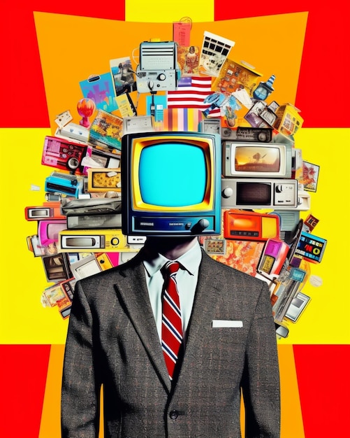 A man with a tv on his head surrounded by many other items