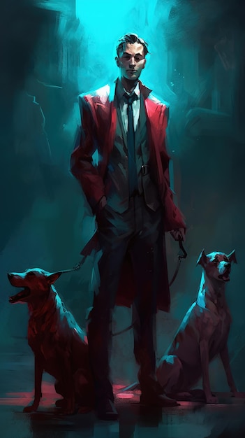 A man with two dogs in a dark room