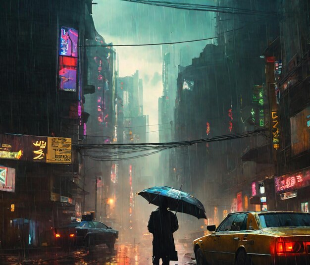 Man with umbrella on city street at rain AI generative image Modern town at stormy weather