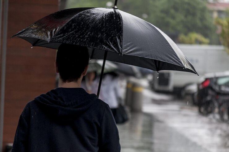 雨から傘をさす男後ろ姿後ろから実在の人物
