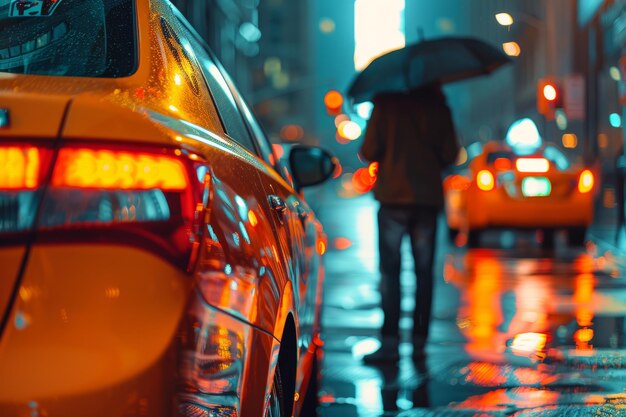 雨 の 中 で 車 の 傍 に 立っ て いる 傘 を 背負っ て いる 人