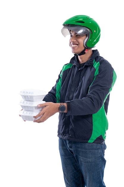 man with uniform jacket and helmet delivering food isolated over white