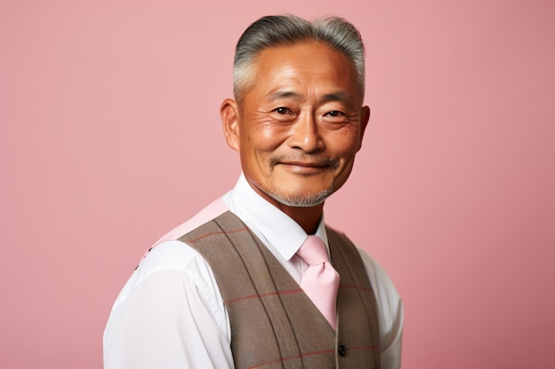 a man with a vest and pink tie