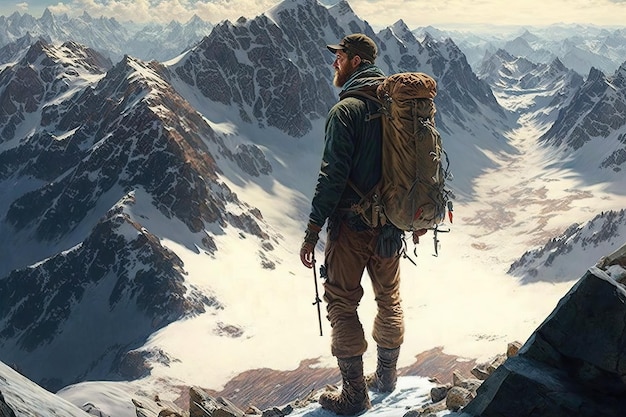 Man with view of grand wilderness and snowcapped mountains reaching the summit