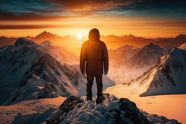 Man with view of the sun setting behind the mountain range standing on snowy summit