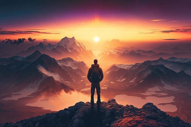 Man with view of the sunset over endless mountain range standing on mountaintop