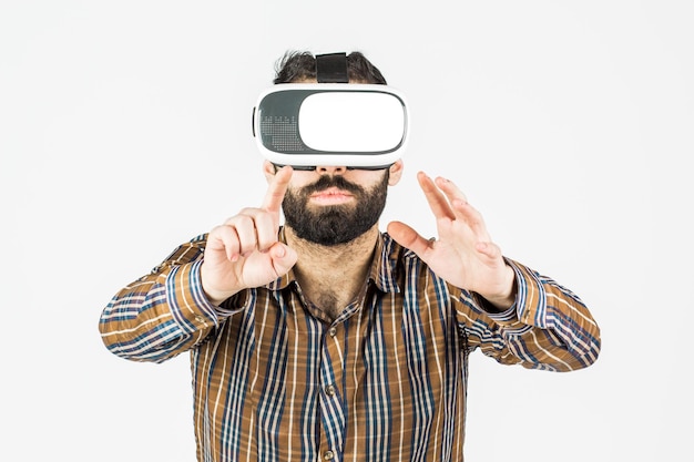 Man with virtual glasses on a white background