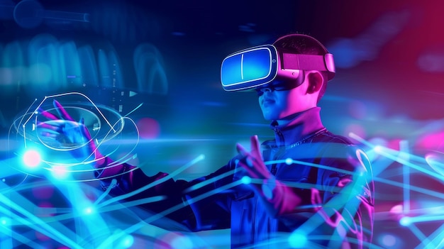 man with virtual reality VR goggle interact with virtual interface panel