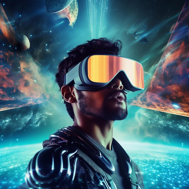 Man with vr glasses technology and experience metaverse world