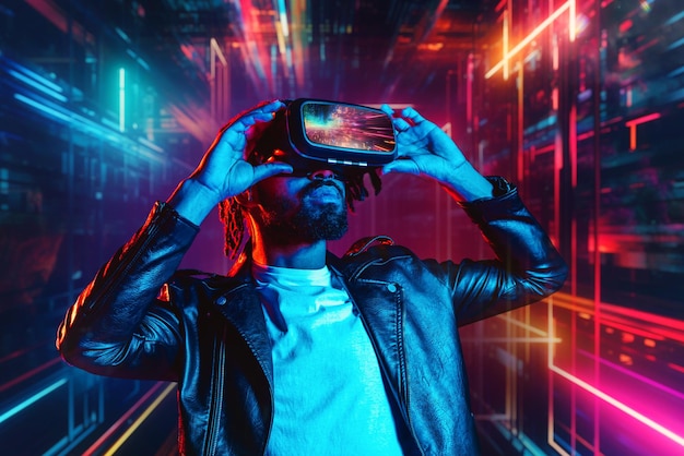 Мужчина в очках виртуальной реальности смотрит рекламную сцену, генерирующую искусственный интеллект