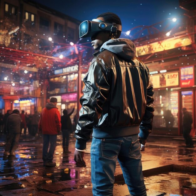 Man with VR headset explores vibrant urban streets