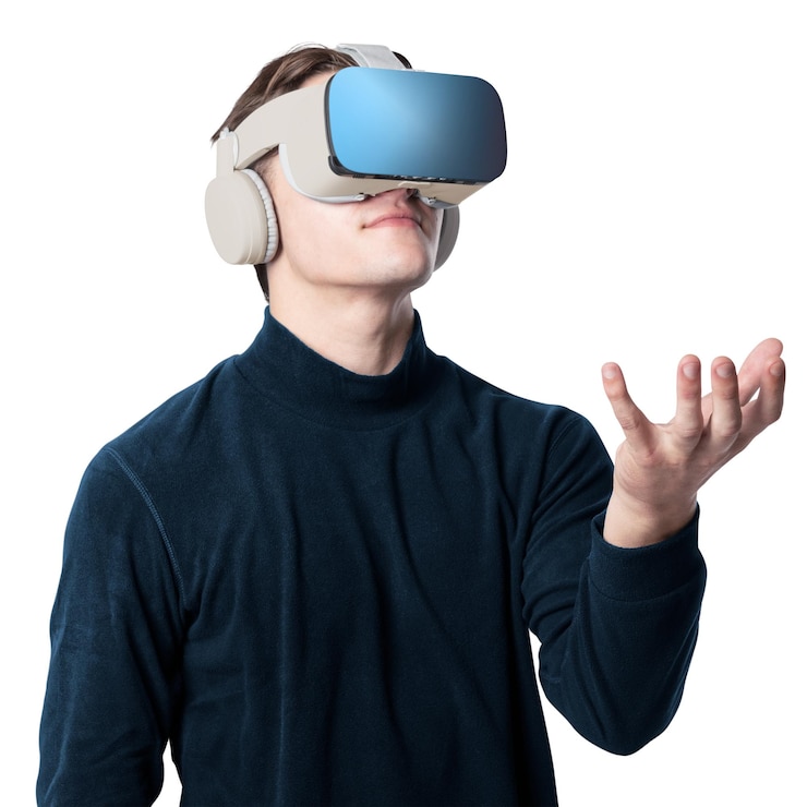 Фотография человек с vr гарнитурой png макет касается невидимого объекта умная технология