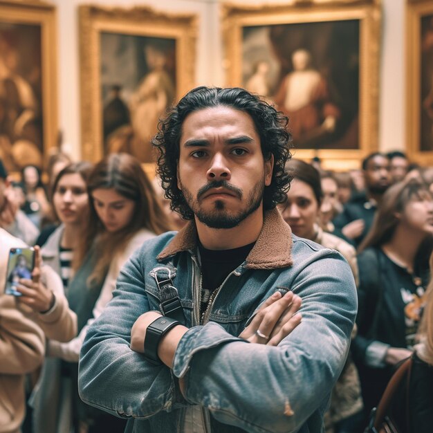 A man with a watch on his wrist stands in a room full of paintings.