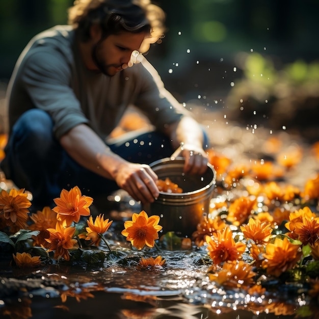 黄色いバケツでオレンジの花を散らす水を注ぐ男