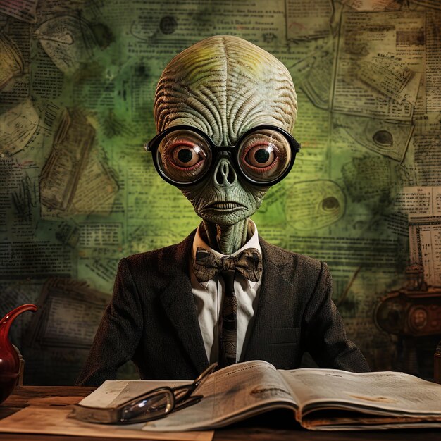 Photo a man with a weird alien head and a book on the table