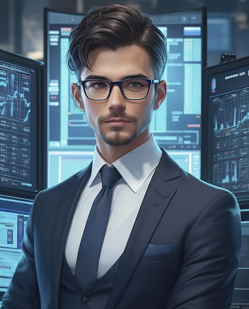 Man with wellcut hair wearing glasses confident expression wearing a suit and in the background