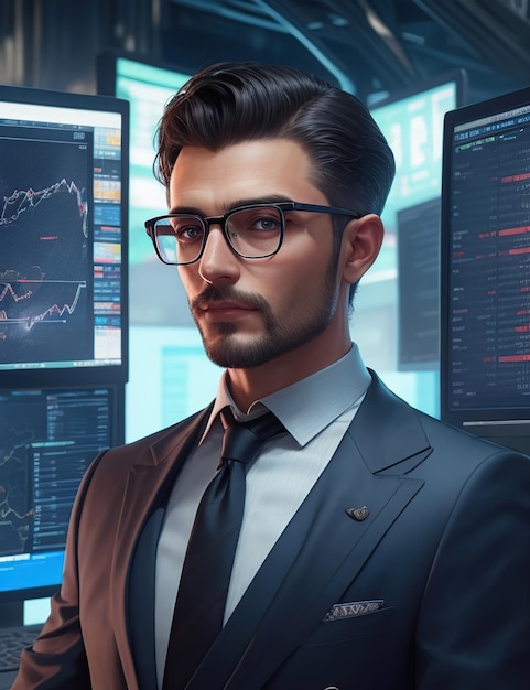 Man with wellcut hair wearing glasses confident expression wearing a suit and in the background