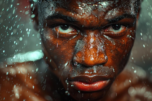 A man with a wet face and a wet shirt The man is looking at the camera The image has a mood disco