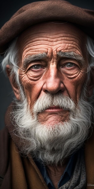 A man with a white beard and a beard is shown with a brown hat.