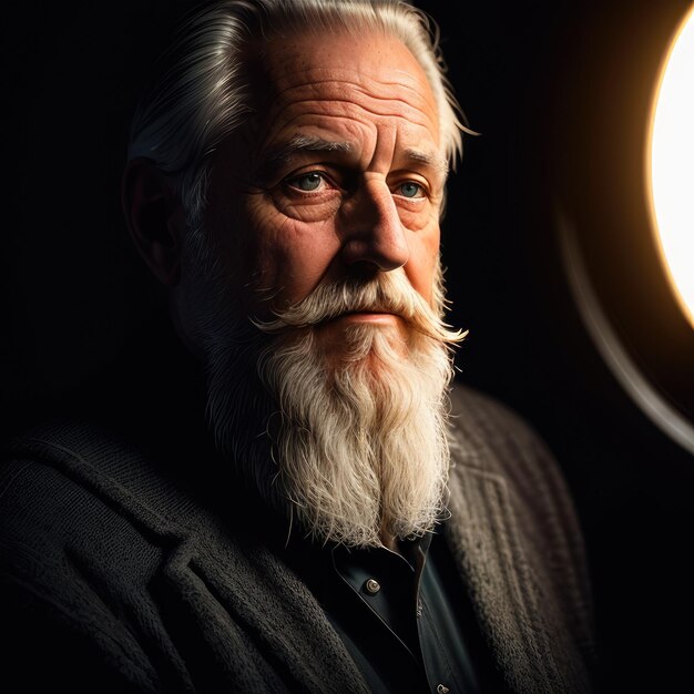 A man with a white beard and a black shirt is standing in front of a light.