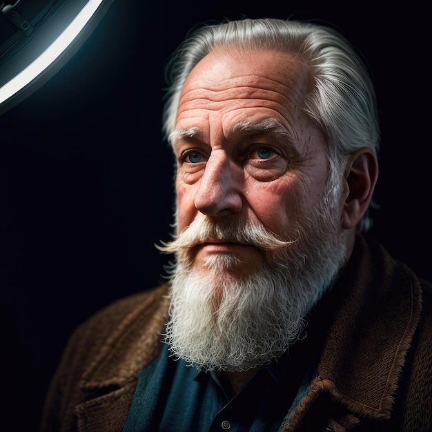 A man with a white beard and blue eyes stands in front of a light that is turned on.