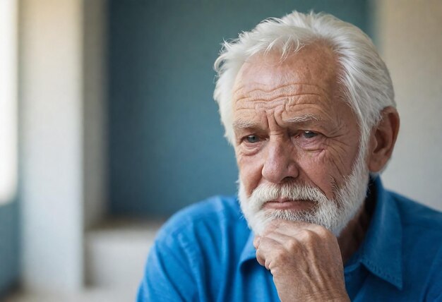 a man with a white beard and a blue shirt