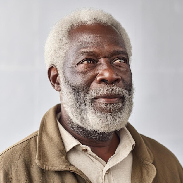 a man with a white beard and a brown jacket