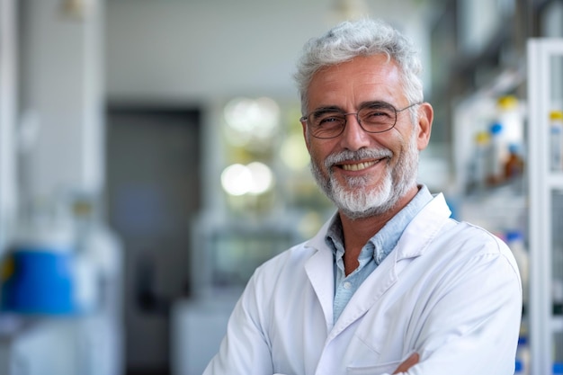a man with a white beard and glasses is smiling